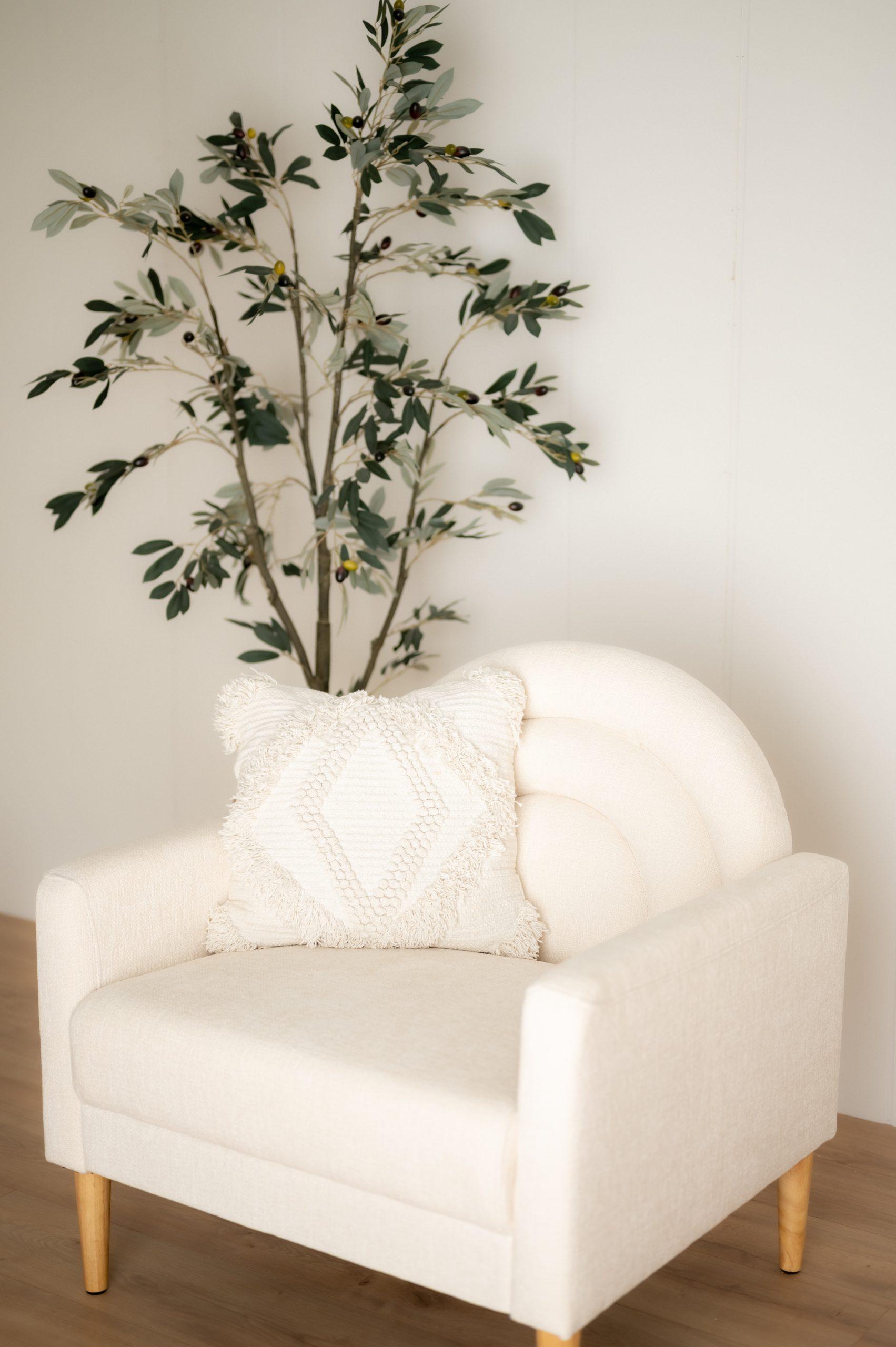 Cream upholstered accent chair with a textured throw pillow placed beside a tall olive tree in a minimalist living space.
